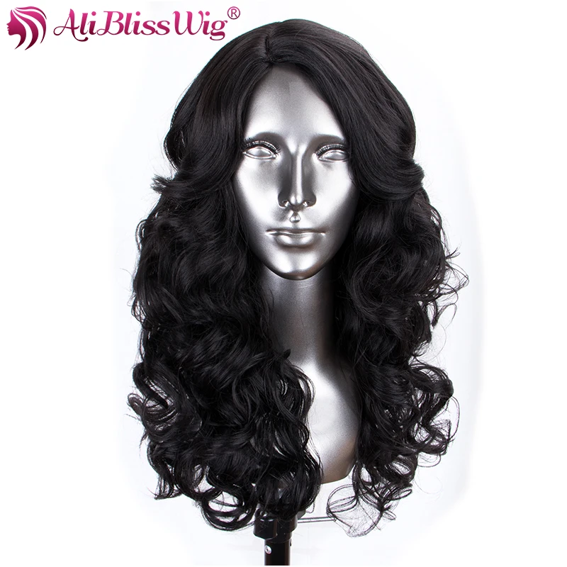 Long Synthetic Hair Wigs Body Wave Jet Black Wigs for Women Right Part