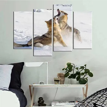 

4 Pcs/Set Modern Animals Wolves Fighting Canvas Print Painting Landscape Wolf Play In Snow Wall Art Picture Home Decor