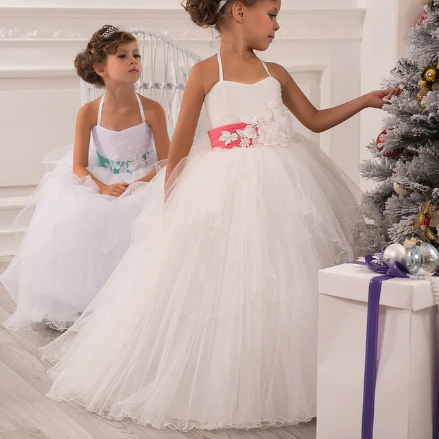 Best price at $101 Cheap Custom Make Little Girls Party Dresses Ankle Length Tulle Pleats Lace Appliques Ball Gown Little Flower Girls' Dresses