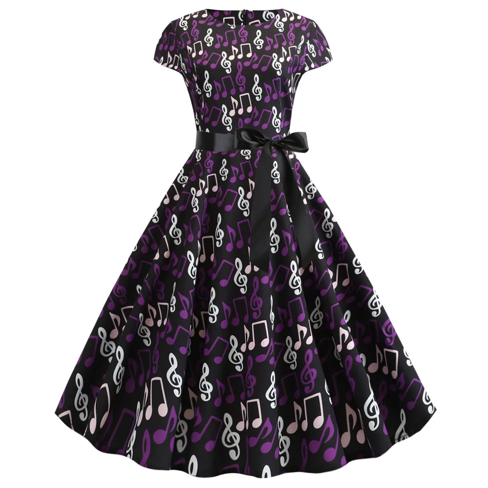 

Summer New Women Vintage Dress 50s 60s Music Note Print Short Sleeve Casual Swing Retro Party Midi Dresses Robe Femme Vestidos