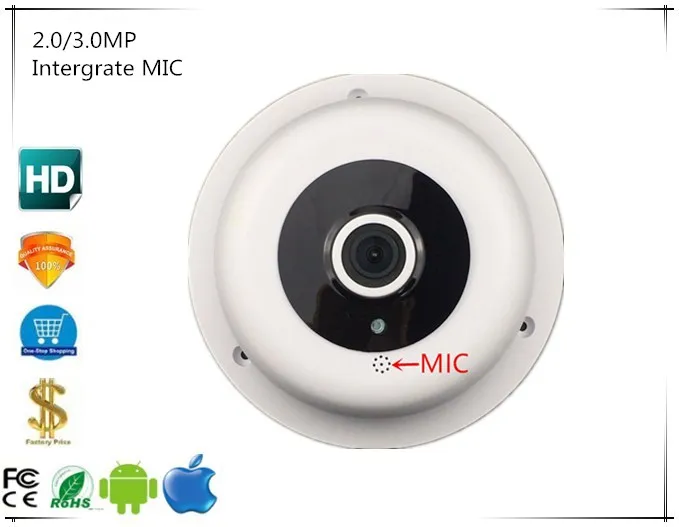 

Panorama FishEye 180 Degrees 1080P 2.0/3.0MP IP Dome Camera Intergrate MIC Infrared IRC NightVision 48V PoE ONVIF CMS
