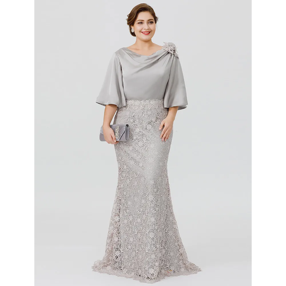 

Silver Gray Mother of the Bride Groom Dresses Mermaid Lace Satin Top Cowl Neckline Half Sleeves Formal Wedding Guest Gown