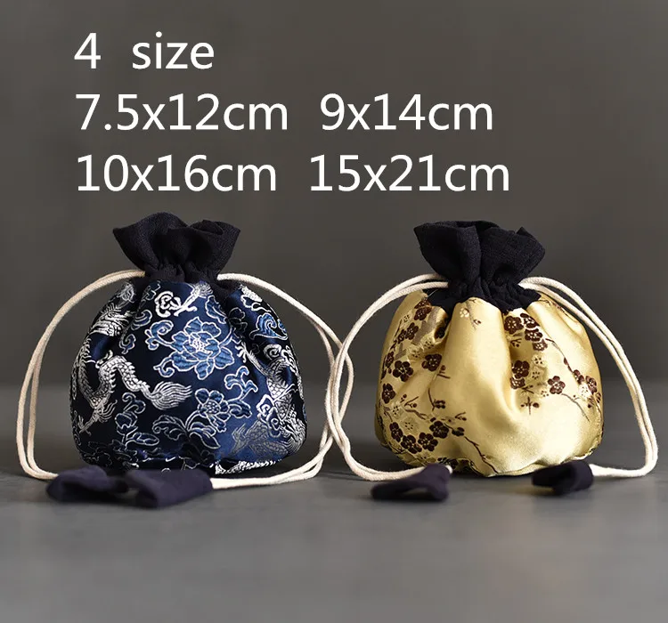 

Thicken Round Travel Jewelry Bag Storage Vintage Chinese Silk brocade Pouch Drawstring Portable Tea Cup Tea Set Bag
