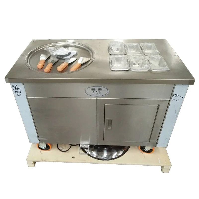 

45 Cm Single Round Ice Pan With 6 Topping Tanks Of Fried Ice Cream Roll Machine With Refrigerated Cabinet