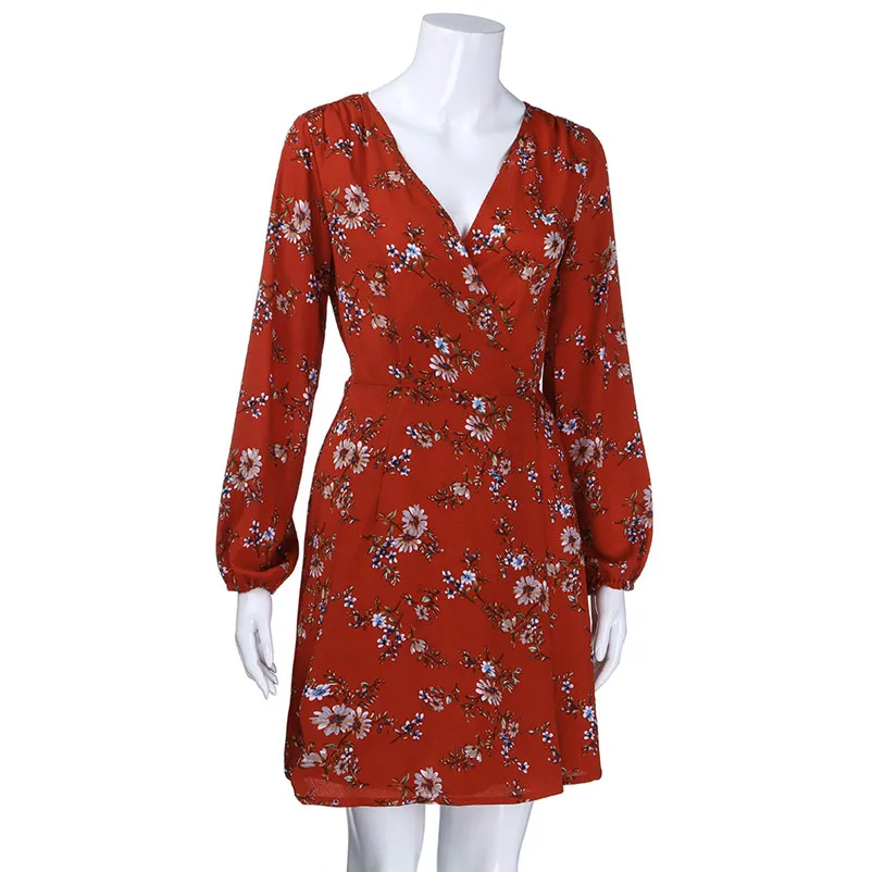 Fashion dress women summer Autumn 2018 Long Sleeve Floral Print lacing Casual Mini Dress Floral Dress vestido A21#N (1)