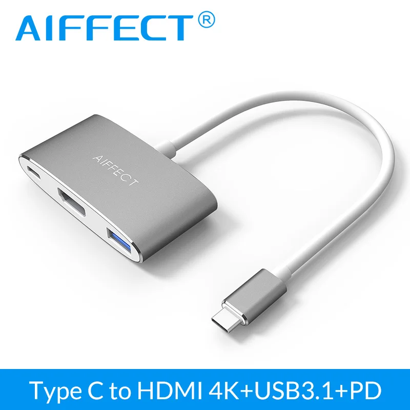  AIFFECT 4K HD Type C USB3.1 to HDMI 3 in 1 Hub USB-C PD Charging port Aluminum Adapter for New Macb