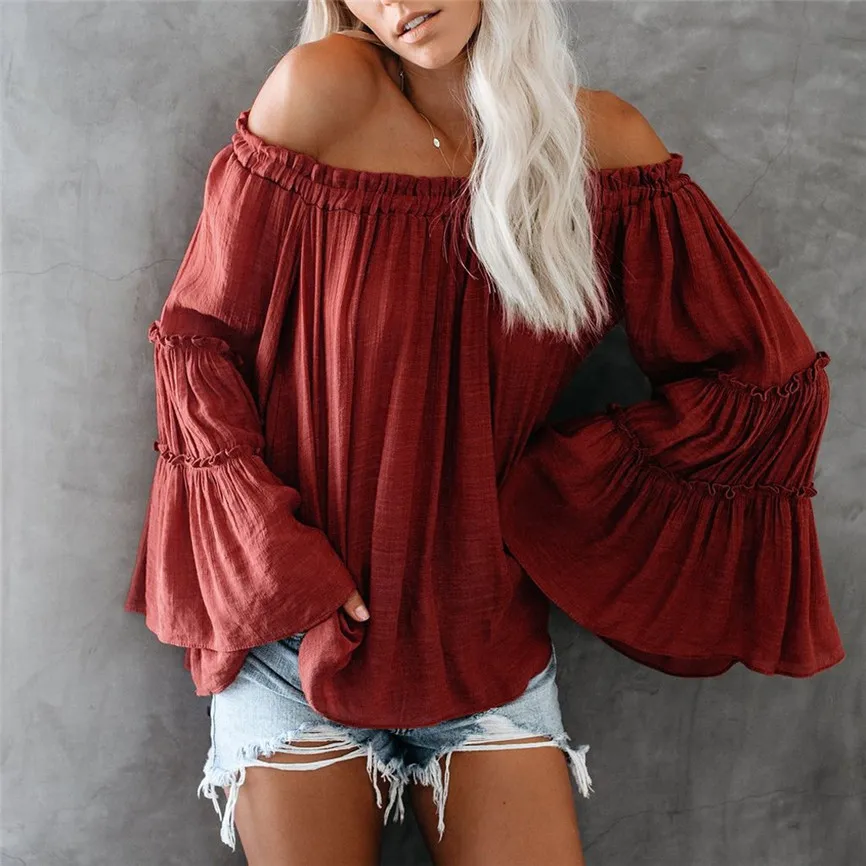 

2019 New Women Blouse Tops Womens Off The Shoulder Tops Long Bell Sleeve Flared Casual Loose Blouses Shirts Lady Shirt Top