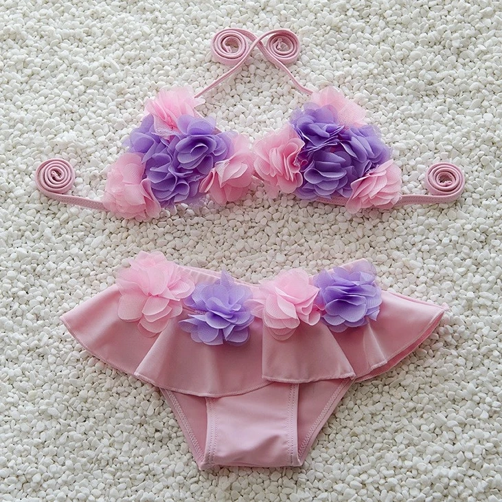 

2016 Girls Toddler Swimsuit Baby Infant Swim Halter Bikini Hand Flower swimwear two pieces for beach bathing Tutu For Babies