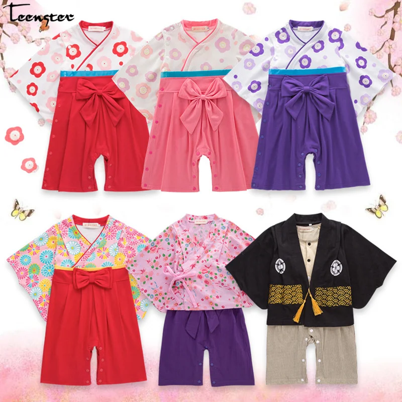

Baby Girl Rompers Japanese Kimono Style Wiht Big Bow Flower Printed Autumn Spring Long Sleeve Clothes Newborn Infant Boy Costume