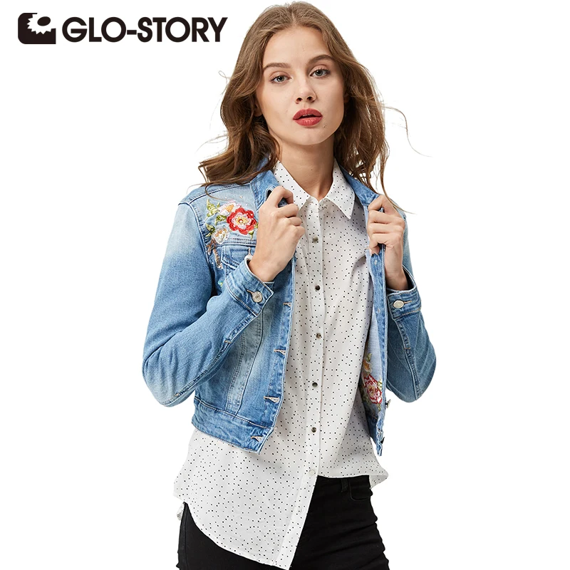 

GLO-STORY 2018 Vintage Slim Denim Jacket Flower Pattern Embroidery Long Sleeves Jeans Jacket Women WNK-4122