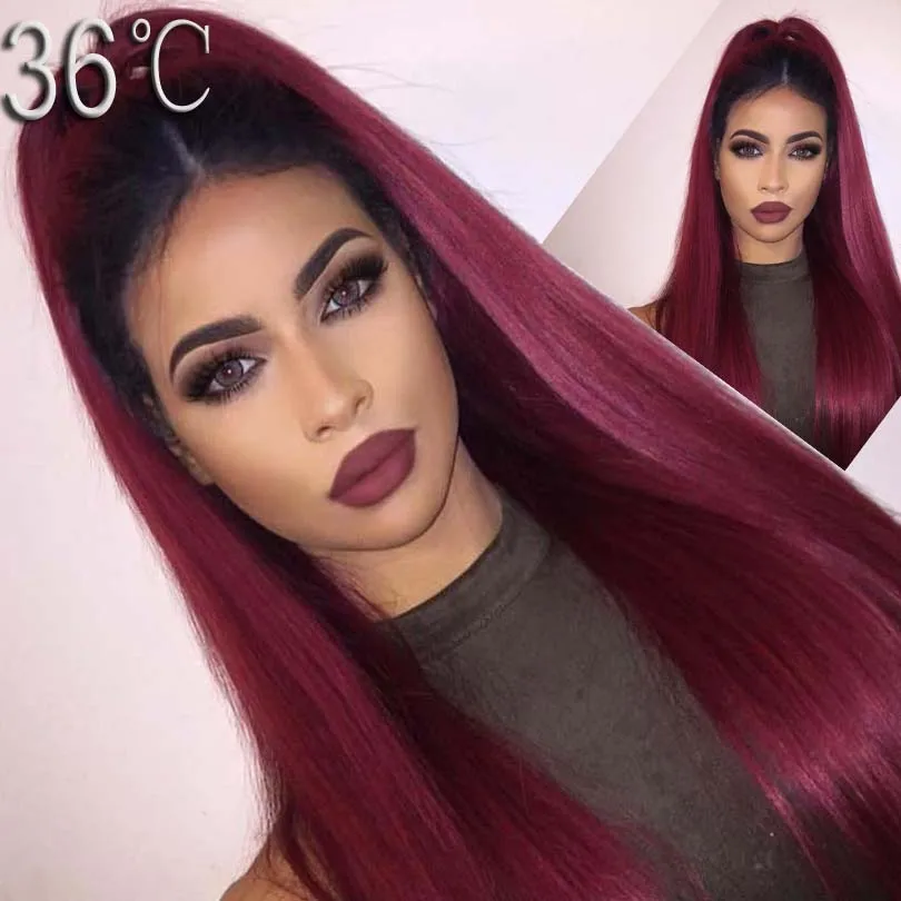 1b 99j Ombre Human Hair Full Lace Wig Straight Burgundy