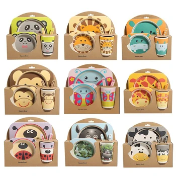

Baby Eco-friendly Bamboo Fiber 5 Pcs/Set Tableware Set Cute Cartoon Animal Plate+Bow+Fork+Cup Kids Feeding Dinnerware Sets