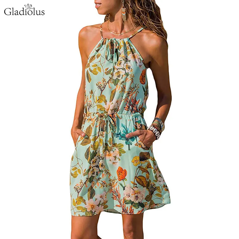 

Gladiolus Chiffon Women Summer Dress Sleeveless Floral Print Pocket Sexy Bohemian Beach Dress 2019 Short Ladies Dresses Sundress