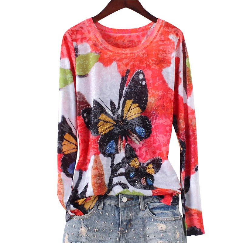 

Fashion hot drilling butterfly double print slim t shirt women 2017 new arrival o-neck long sleeve Plus size M-4XL