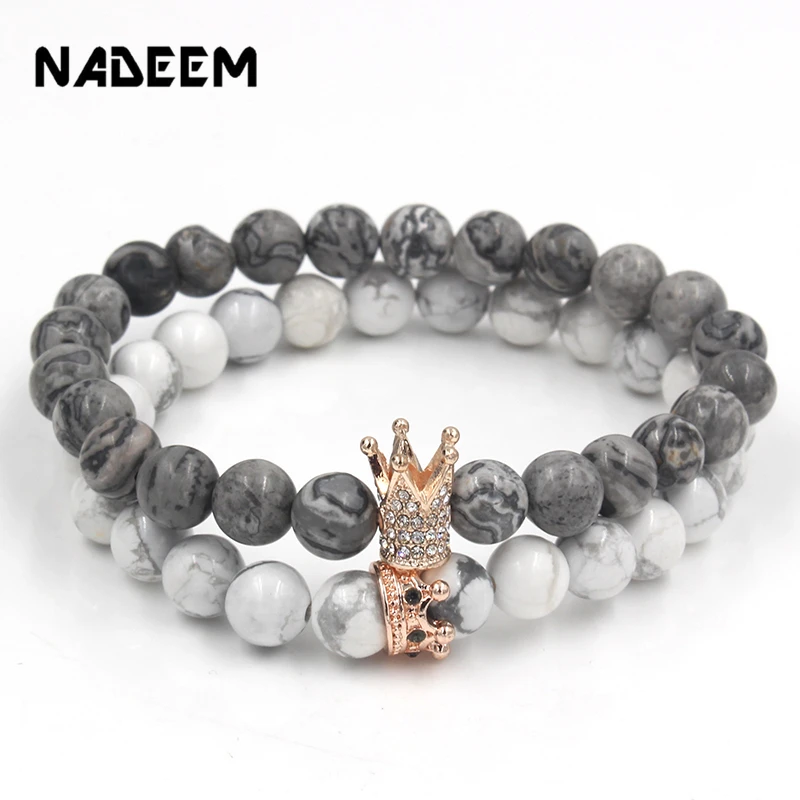 

New Design 2Pcs/Lots Couple Bracelets Handmade Distance Black Matte&White Cz Crown King Beads Stone Bracelet Lovers