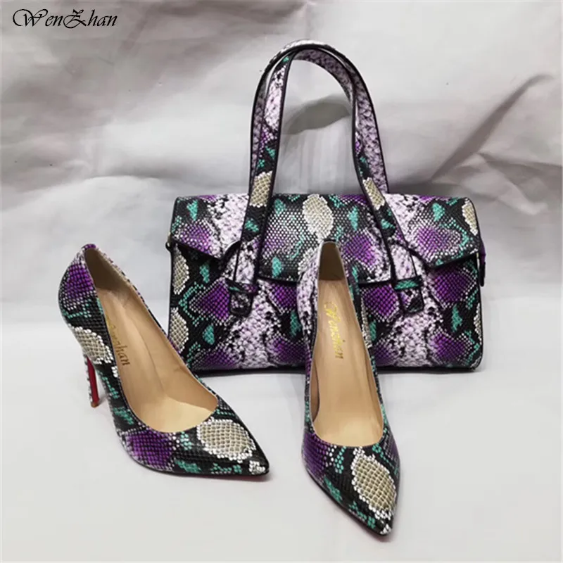 

WENZHAN Top Grade with Snake PU leather Purple Color high heel fashion soft shoes pointed toe pumps Match Women HandBags A95-6