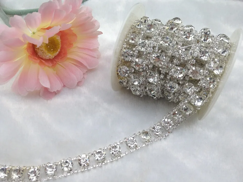 

1 Yard 2 Rows 2.5mm Costume Applique Clear Crystal Rhinestone Silver Chain Trims