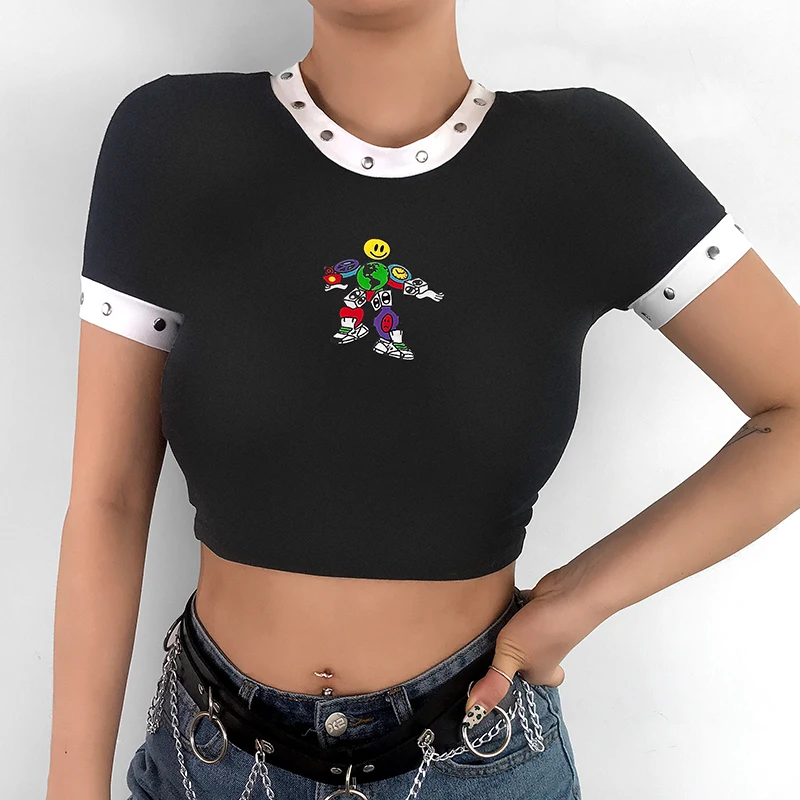Rockmore черный хлопок мультфильм печатных Кнопка o-образным вырезом Женская футболка уличная тугие рубашки с коротким рукавом повседневные женские топы