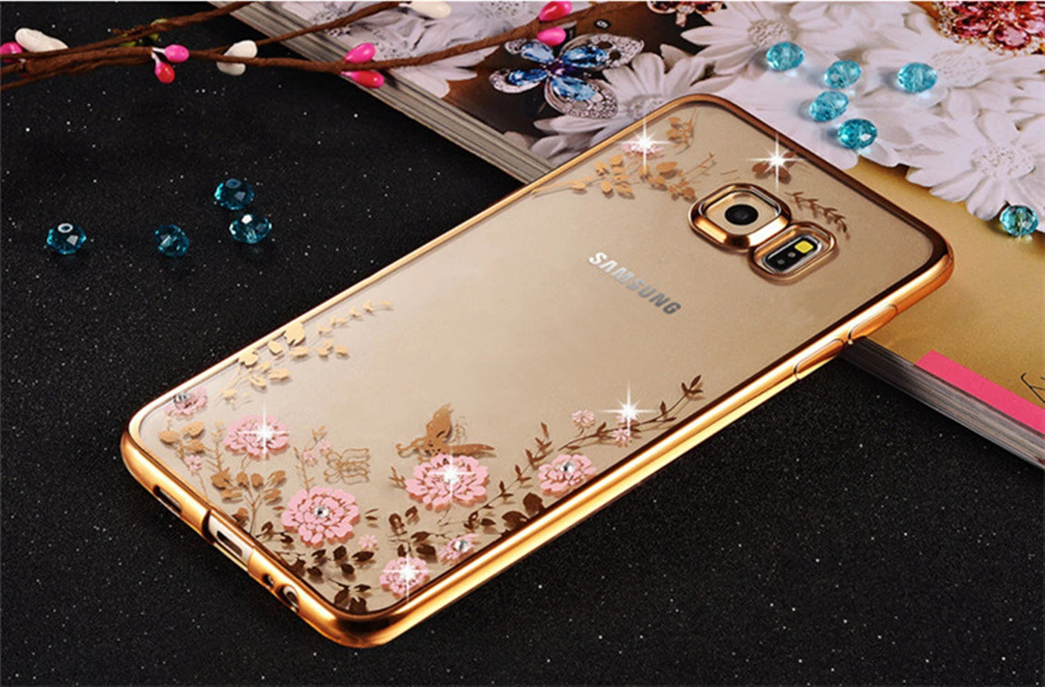 Luxury Diamond Flowers Back Cover Soft TPU Phone Case For Samsung Galaxy J1 J2 J3 J5 J7 Prime A3 A5 A7 2016 2017 S7 S6 Edge S5 | Мобильные