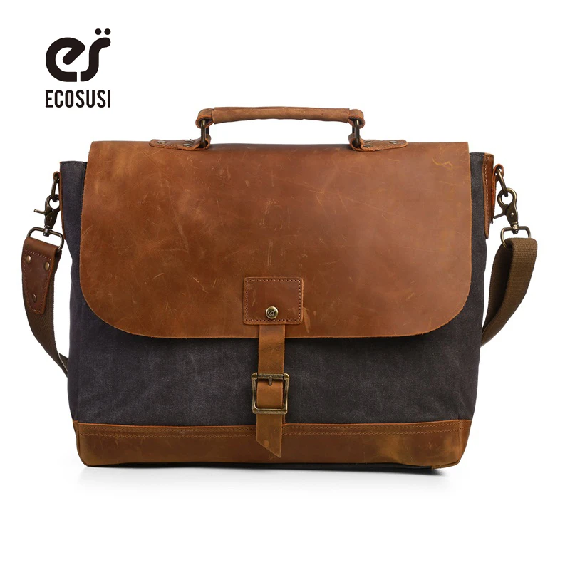 

ECOSUSI Men Canvas Leather Crossbody Bag Men Vintage Messenger Bags Large Shoulder Bag Laptop Handbag Bolsa Masculina