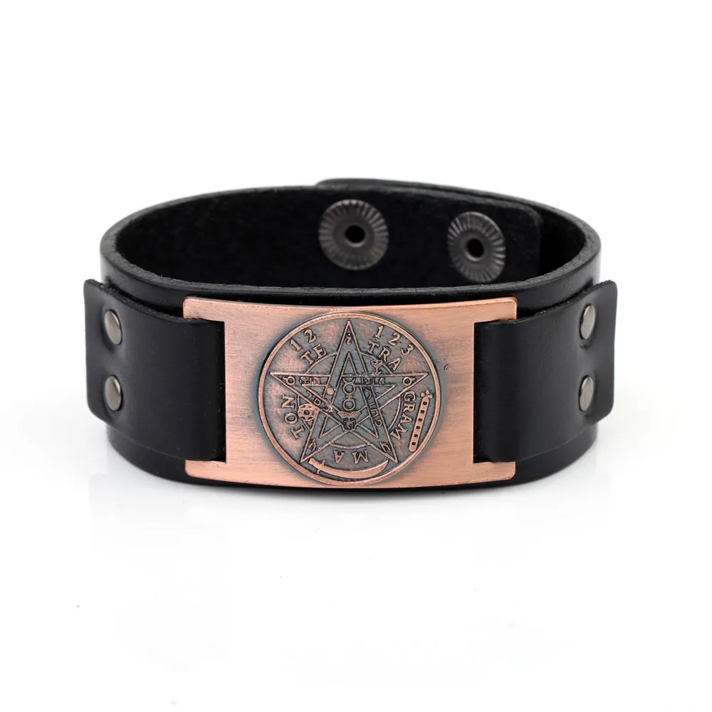 Wicca Sigil Studded Cuff Wristband Punk Engraving Pentagram Charm Fashion Jewelry Making Adjustable Leather Bracelets