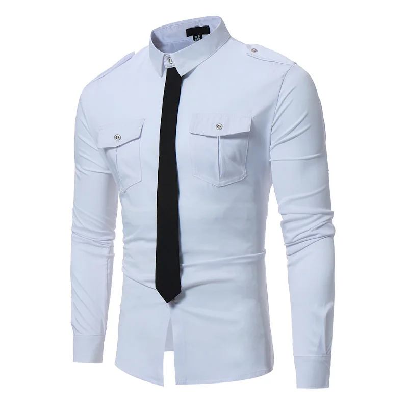 Черная Мужская рубашка в стиле милитари с двойным карманом,, повседневная, контрастная, цветная, фальшивый галстук, светская рубашка, мужская, облегающая, с длинным рукавом, сорочка - Цвет: White
