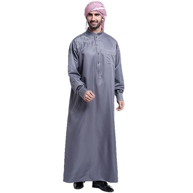 Babalet Men's Mock Neck Embroidered long Sleeve Thobe Islamic Muslim