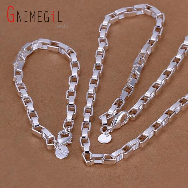 GNIMEGIL 925 Посеребренная цепочка ожерелье + браслет ювелирный набор мужское длинное