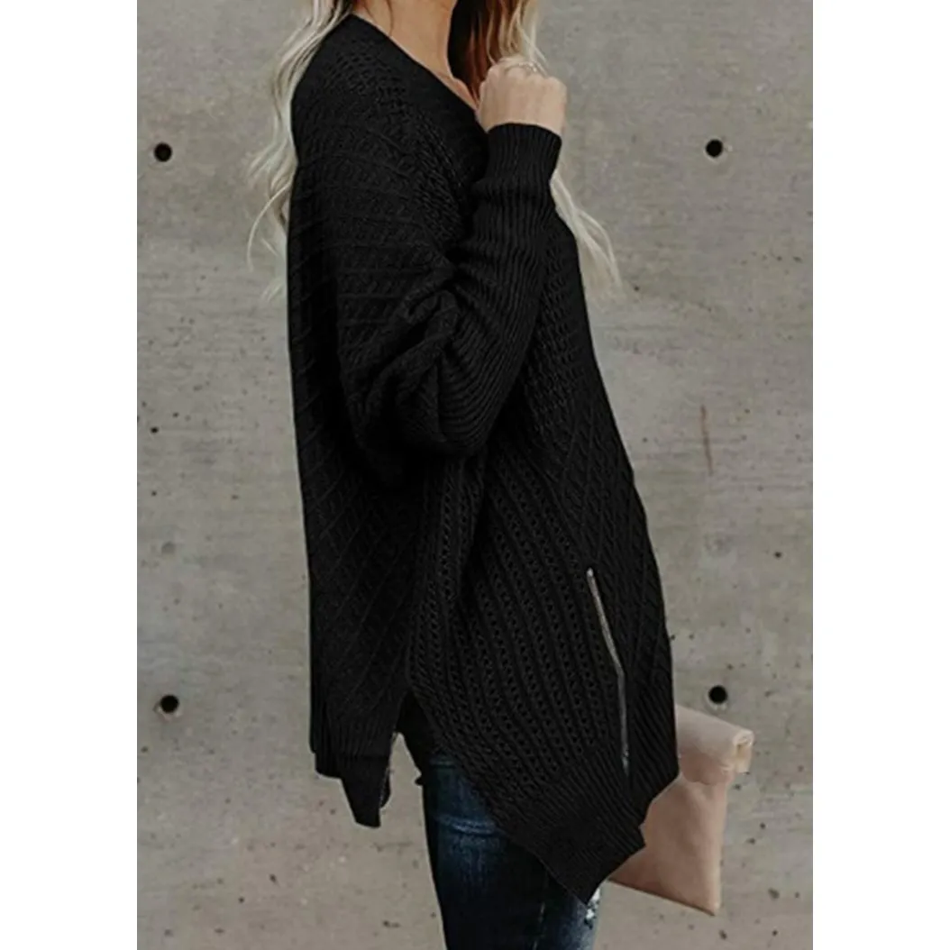 Зимний женский грубый свитер с разрезом сбоку, пуловер на молнии, теплый вязаный свитер, большой размер, свитер с открытыми плечами, d - Цвет: Черный