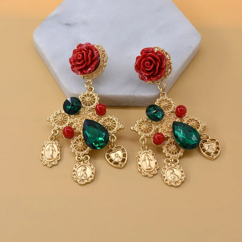 Vintage floral cross long earrings for women