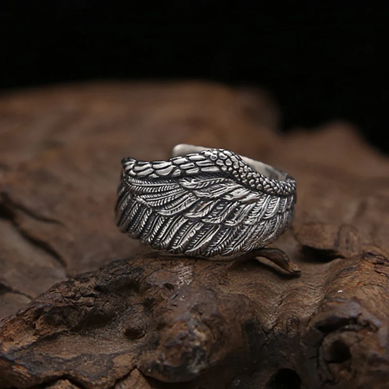 Открытое обручальное кольцо из серебра 100% пробы с крыльями орла|ring open|personalized ring925