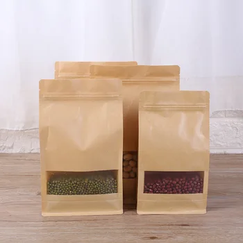 

Wholesale 14cmx24cm Big Capability Stand-up Kraft Paper Packaging storage Bag with zipper window Food coffee Bag Jewelry Bags
