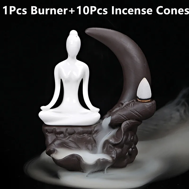 

Pond moonlight Burner Yoga Girl Backflow Incense Burner With 10Pcs Incense Cones Ceramic Censer Use In Home Office