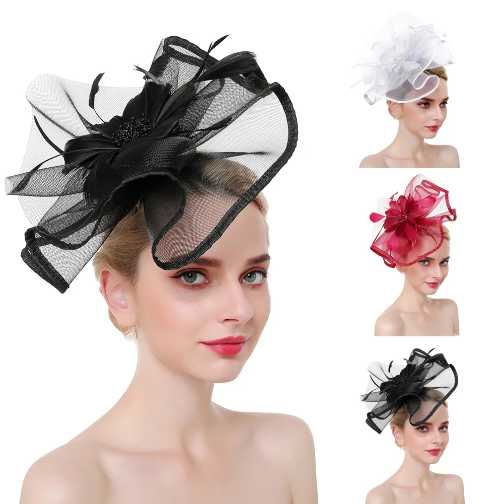 

Women's Fashion Hat Headband Feather Mesh Net Hairband Headwear with Hair Clip Hairband Wedding Party Hat dropshipping