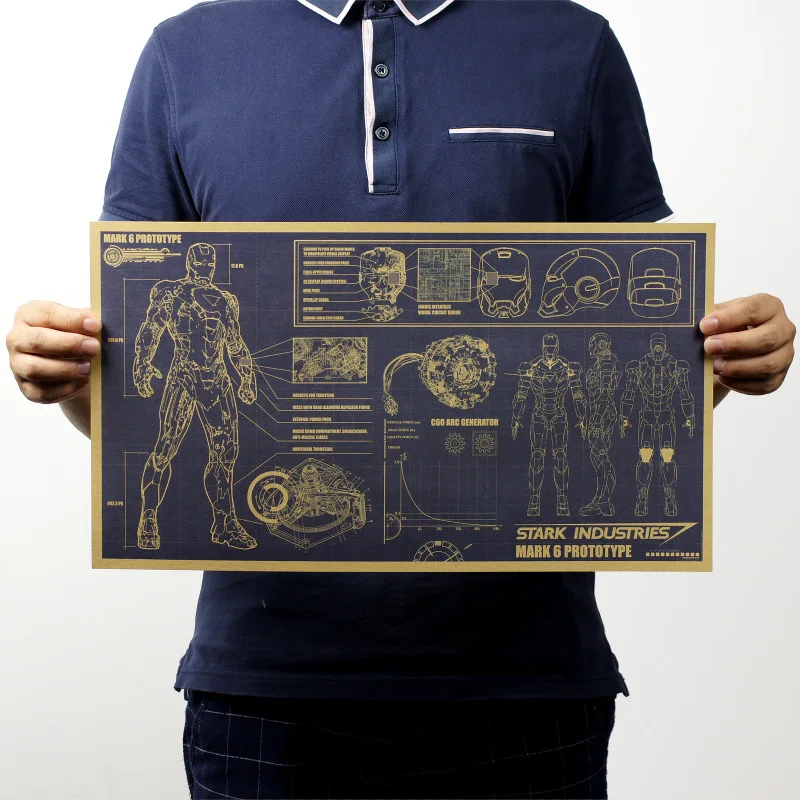

Iron Man Design Drawings Nostalgic Vintage Kraft Paper Movie Poster Magazine Home School Art Cafe Bar Decoration Retro Posters