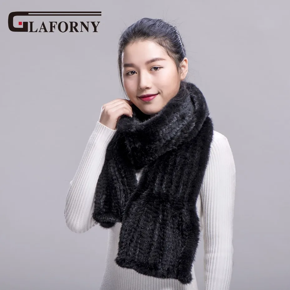 Glaforny, Современная норковая шаль, хороший подарок, натуральный мех, шарф из настоящей норки, ручной вязки, норковый шарф, зимний меховой шарф для женщин - Цвет: black