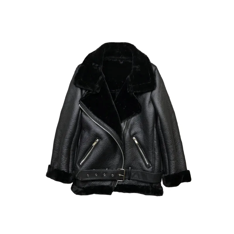 

Faux Fur Winter Big Collar Women Leather Black Jacket Lamb Wool Thicken Fleece Coat Warm Black Outwear Jacket Tops