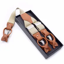 European Style Adult 6 Clips Button Men's Strap Leather Trousers Solid Color Suspenders  High Quality Men's Braces