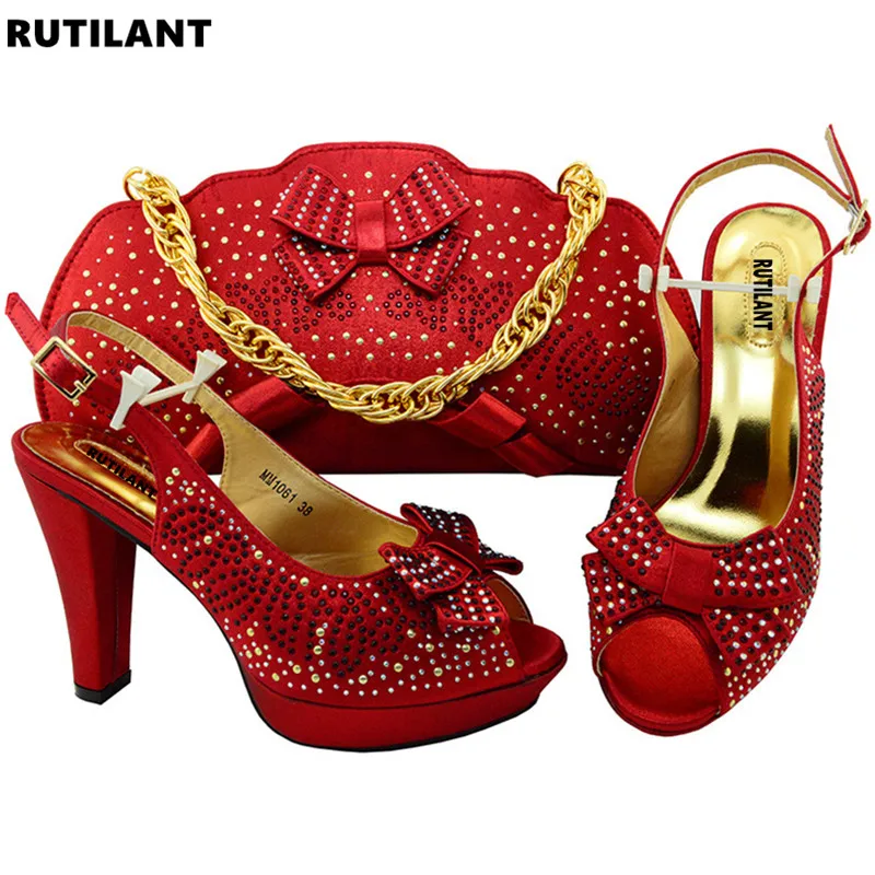 

Latest Red Color African Wedding Shoes and Bag Set Decorated with Rhinestone Italian Ladies Shoes and Bag Set for Women In Party