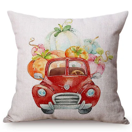 Red Vintage Car Pumpkin Autumn Harvest Thanksgiving Decorative Cushion Cover Watercolor Art Cotton Linen Sofa Throw Pillow Cover K121-7