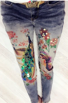 

Sequins Euro Fashion Elastic Peacock Sequined Beauty Lady Printed Image Slim Cuff Female Jeans Women