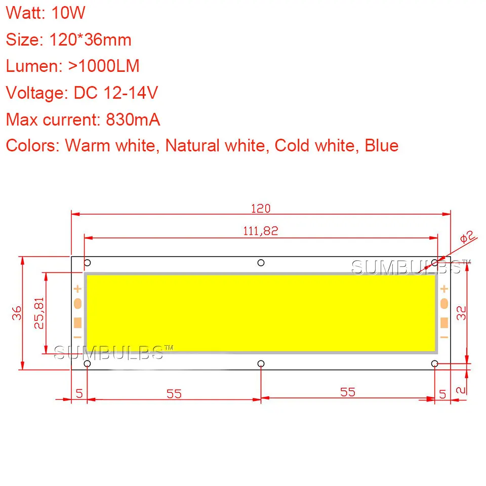 SUMBULBS 1000LM 10 Вт светодиодный COB лампочка 12 В лампа для автомобильных огней домашнее рабочее освещение DIY 120x36 мм водонепроницаемый светодиодный матричный диод