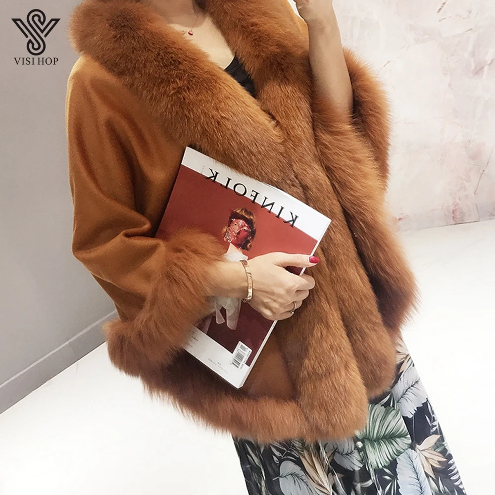 

VISI HOP Women's Real Fur Poncho Genuine Fox Fur Collar Trim & Wool Cashmere Cape Fashion Style Winter Warm Coat VS7002