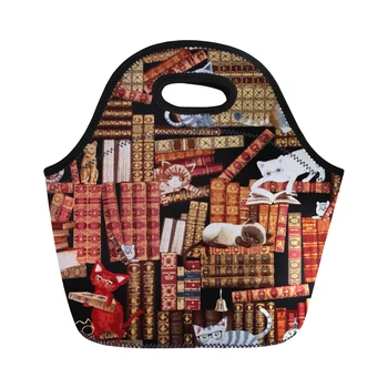 

THIKIN Kids Lunchbags for Child libary book with cat print Thermal Insulated Polyester Lunch Bag for Women Portable Picnic Bags