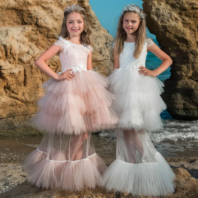 

Flower Girls dresses for New Year clothes Party Baby Girls Tulle Tiers Fringe Princess Luxury Wedding Dress Children Party wear