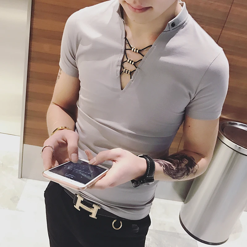 String V Neck Sexy T Shirt Men Slim Fit Solid Color Tee Shirt Homme Turn Down Collar Men Tshirt
