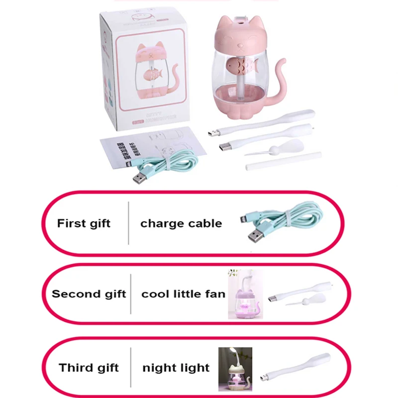  Ultrasonic Air Humidifier 350ml Diffuser Ultrasonic USB Cat Cool-Mist Adorable Mini Fan with LED li