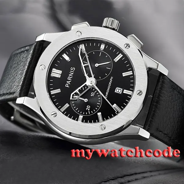 44mm parnis black dial date window quartz chronograph mens wrist watch P521 | Наручные часы