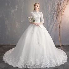 Do Dower элегантный высокий воротник свадебное платье три четверти кружева цветок невесты бальное платье с поездом свадебное платье Robe De Mariee L