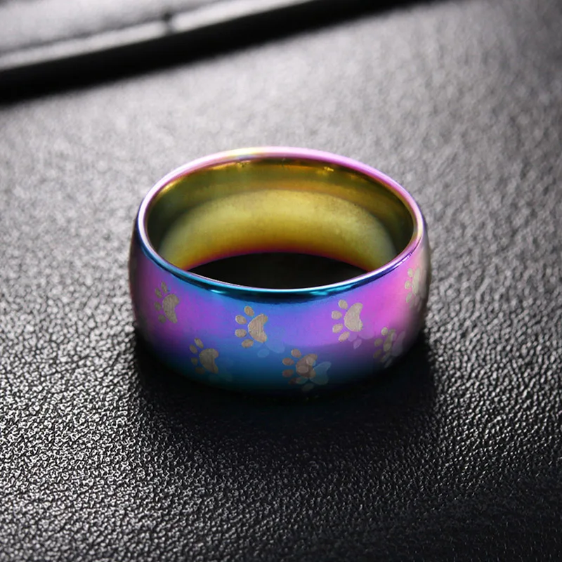 Fashion Cute Dog Cat Paw Rings Jewelry Stainless Steel Wedding Band Rainbow Couple Ring for Women Width 8mm,wedding rings,womens ring,couple rings,finger rings,jewelry rings,ring jewelry